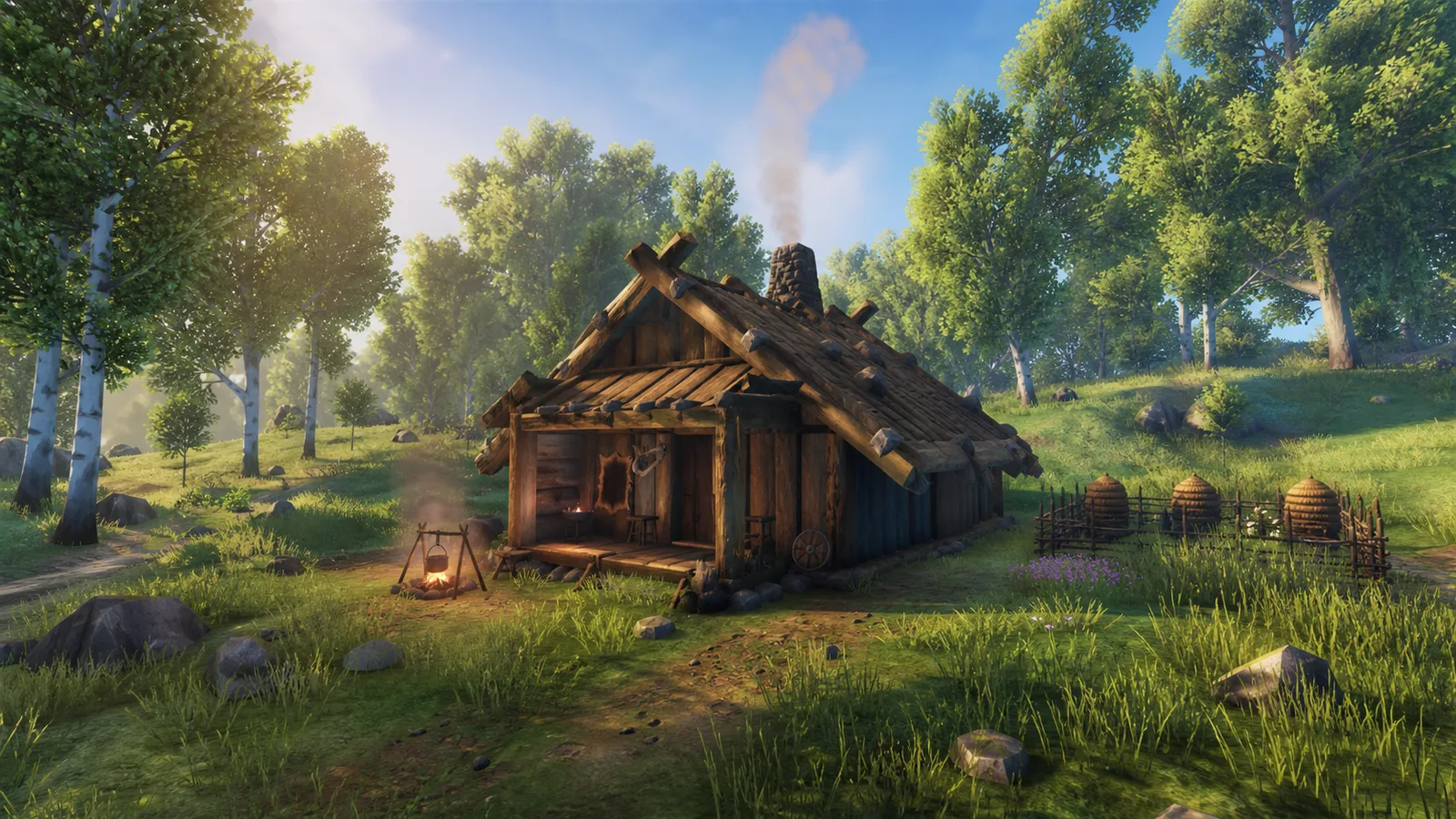 Cozy timber starter hut in a bright meadow clearing.
