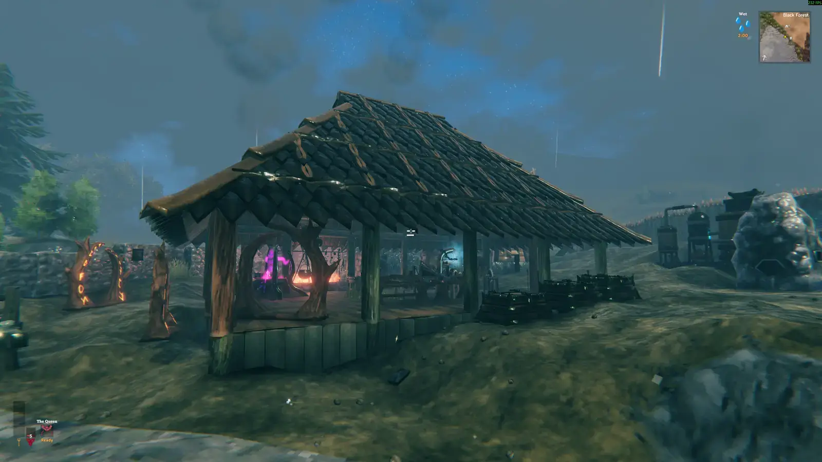 Plains shelter at dusk with a glowing portal visible inside.